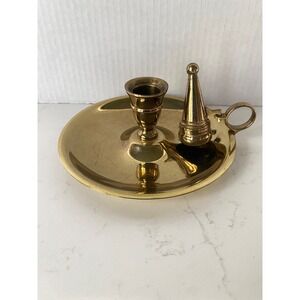 Vintage Solid Brass Chamberstick Candle Holder with Removable Snuffer Gold Tone